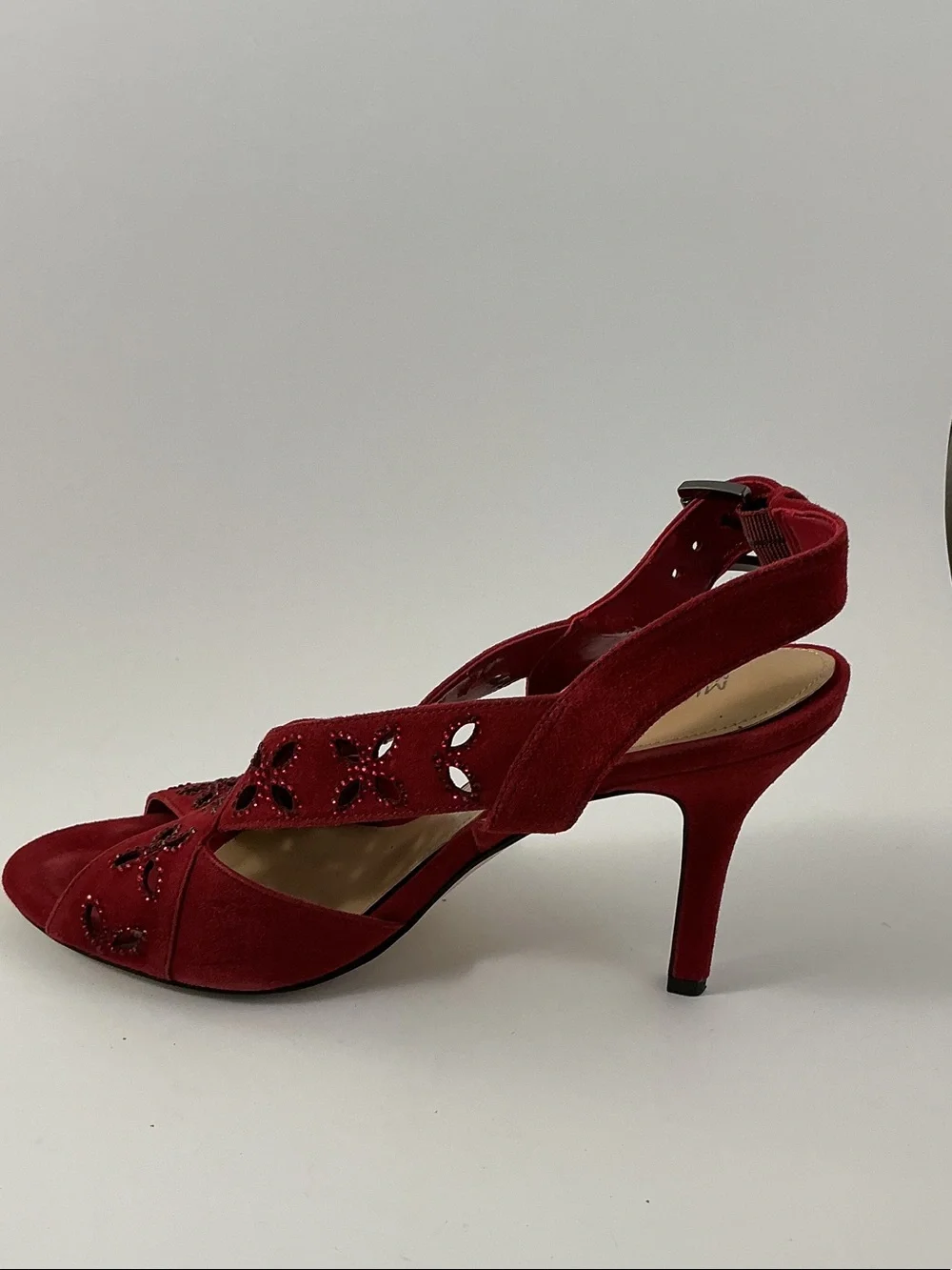 Michael Kors Red Suede Slingback Heels with Cutout & Bead Detail
